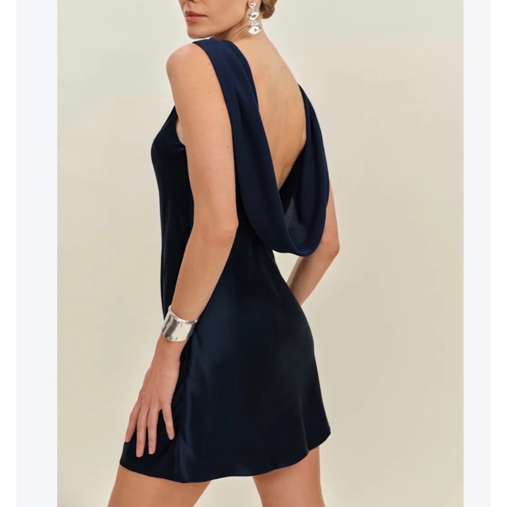 Reformation Jonelle Navy Blue Silk Cowl Neck Open Back Mini Dress Size M